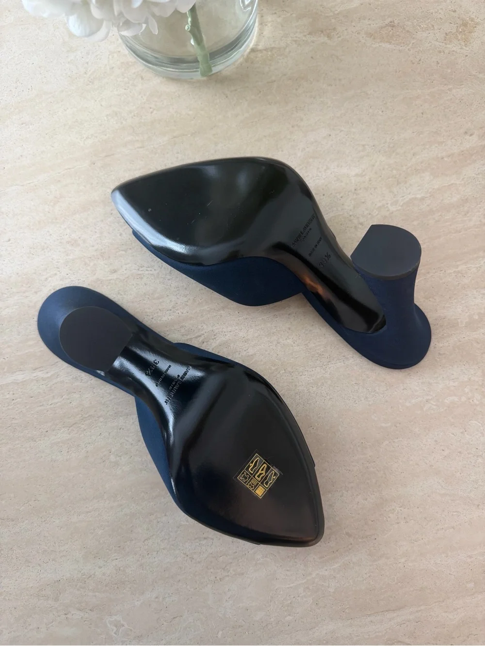 Saint Laurent Navy Open-Toe Mule Heels with Sculpted Heel - Picture 3 of 7